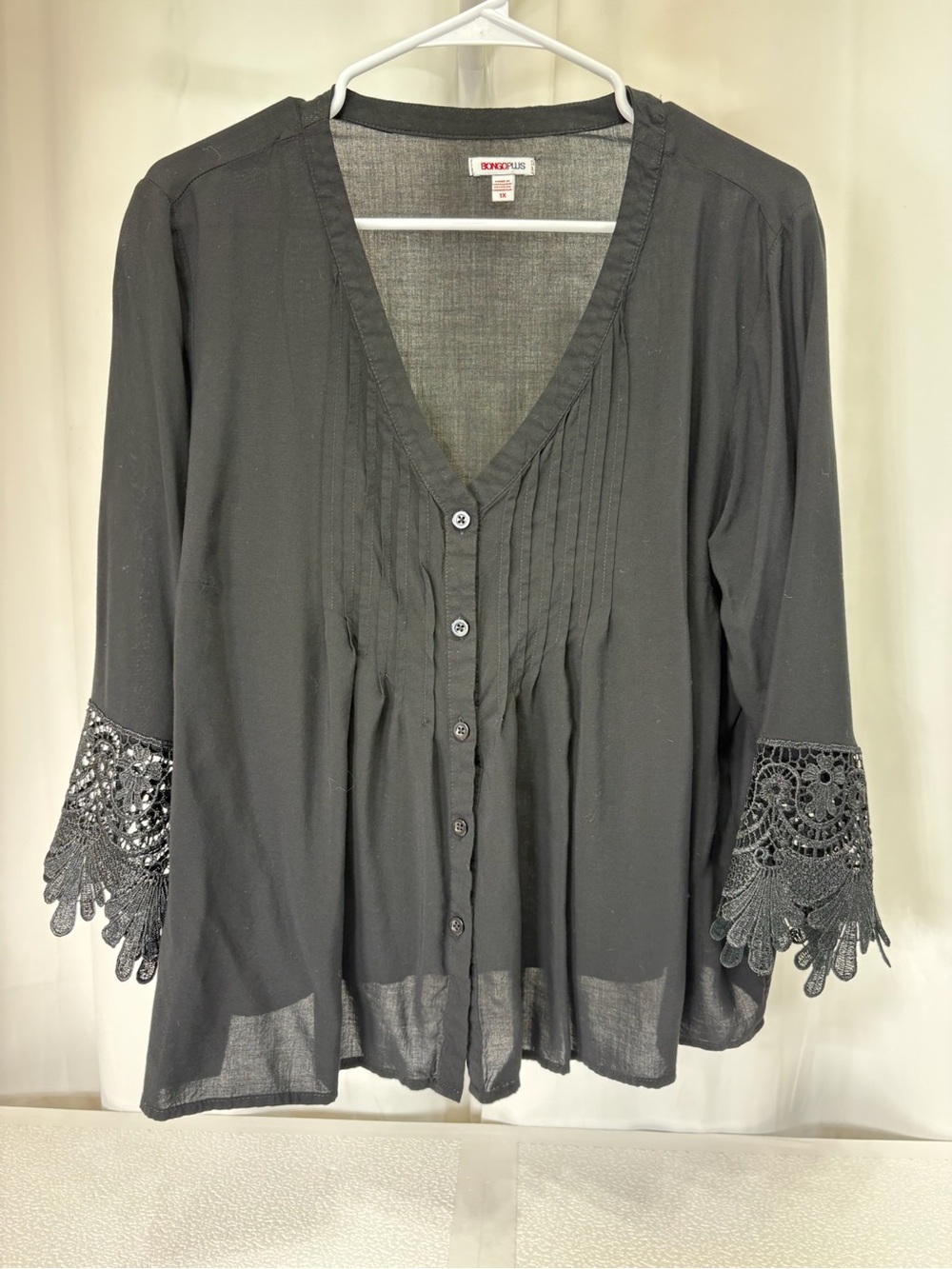 BONGO Black Button-Front V-Neck Blouse with Crochet Bell Sleeves 4075
